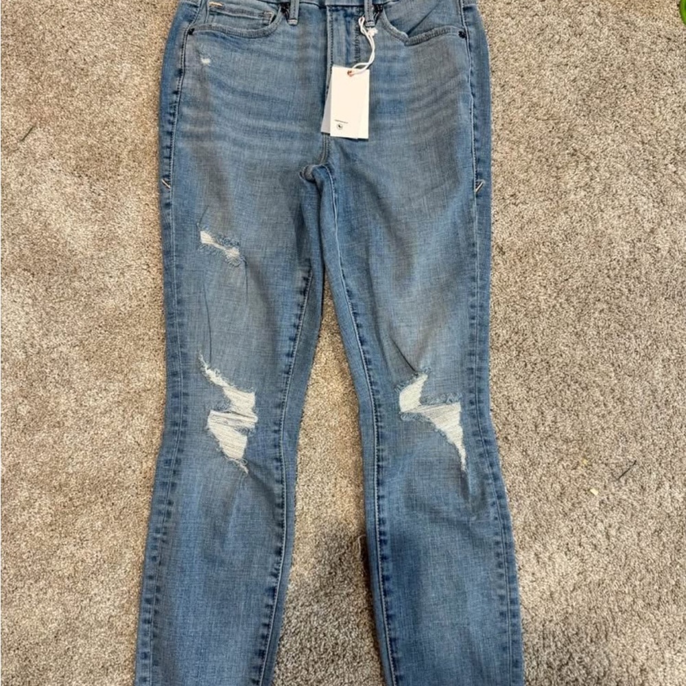 Good American Blue Straight Leg Jeans with Distressed Details